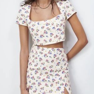 Zara Linen Blend Floral Top and Skirt Set